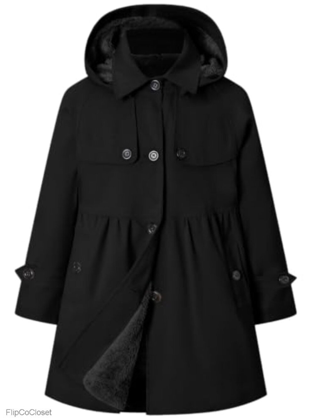 Girls Hooded Trench Coat Fleece Lined Single Breasted Dress Coat